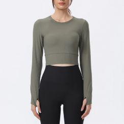 4Pcs Trendy Rib Short Women Yoga Tops With Pad Long Sleeve Gym Shirt